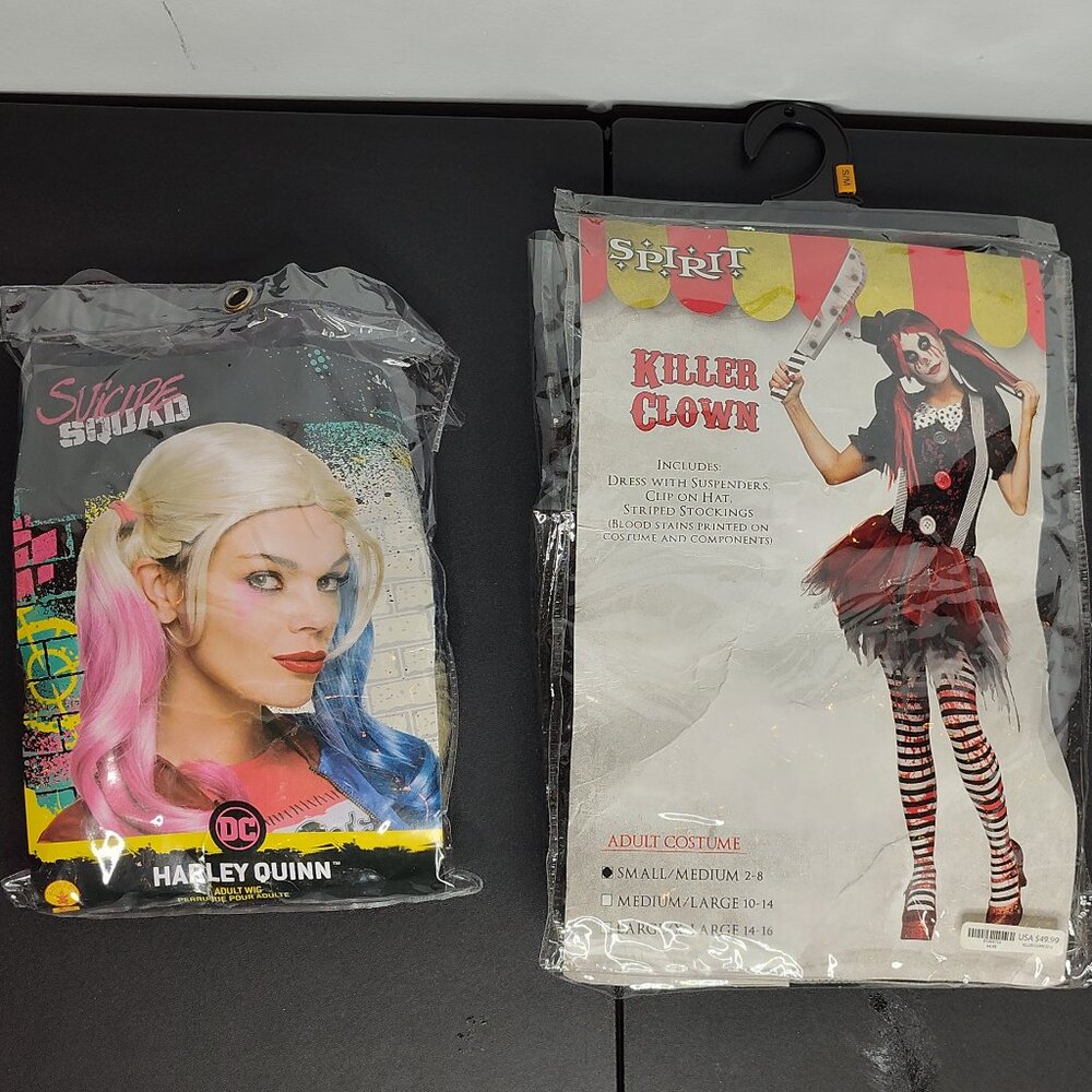 Harley Quinn Wig + Killer Clown Costume Womens Adult Size Small / Medium 2-8